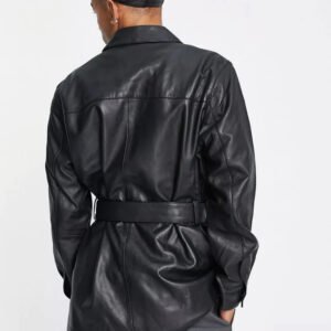 Mens belted black leather shirt