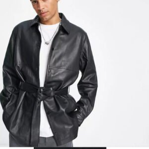 Mens belted black leather shirt