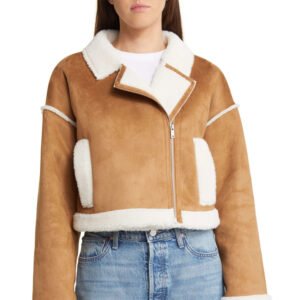 Women_s Faux Shearling & Brown Leather Jacket